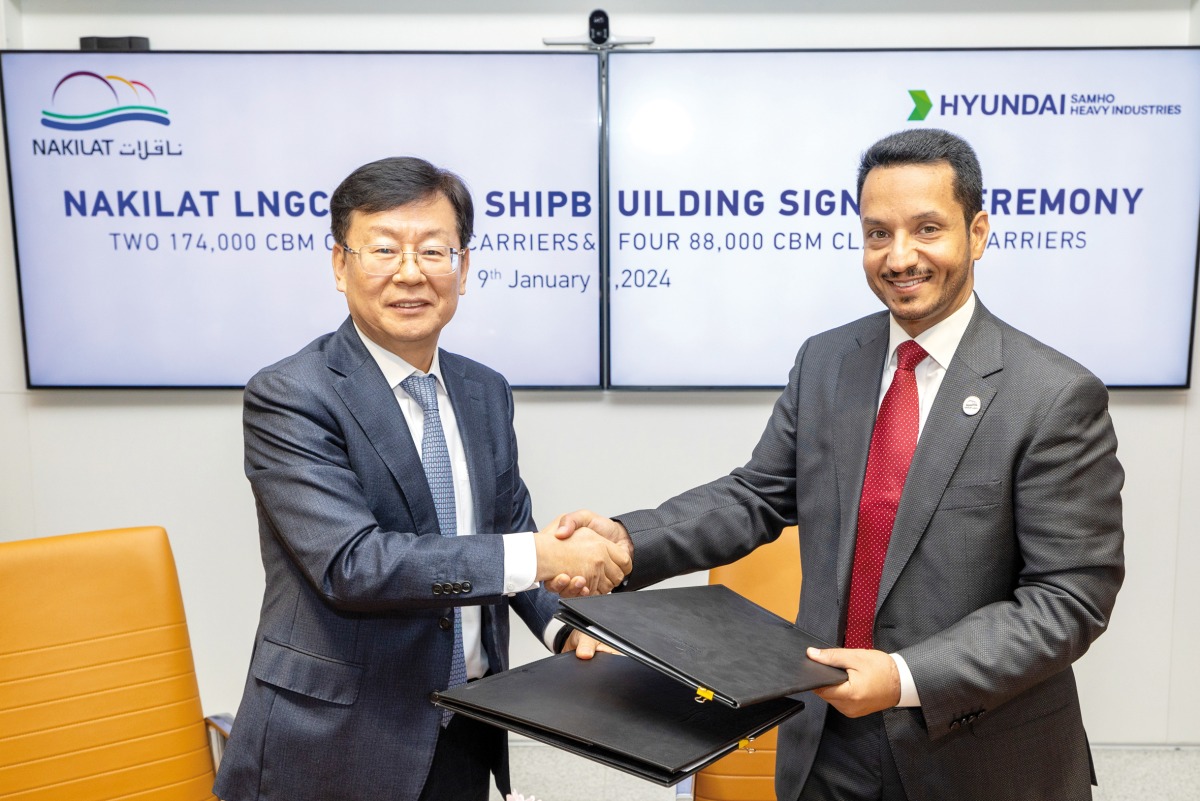 Nakilat’s CEO, Eng. Abdullah Al Sulaiti and President and COO of HD Hyundai Heavy Industries, S Y Park during the signing ceremony.
