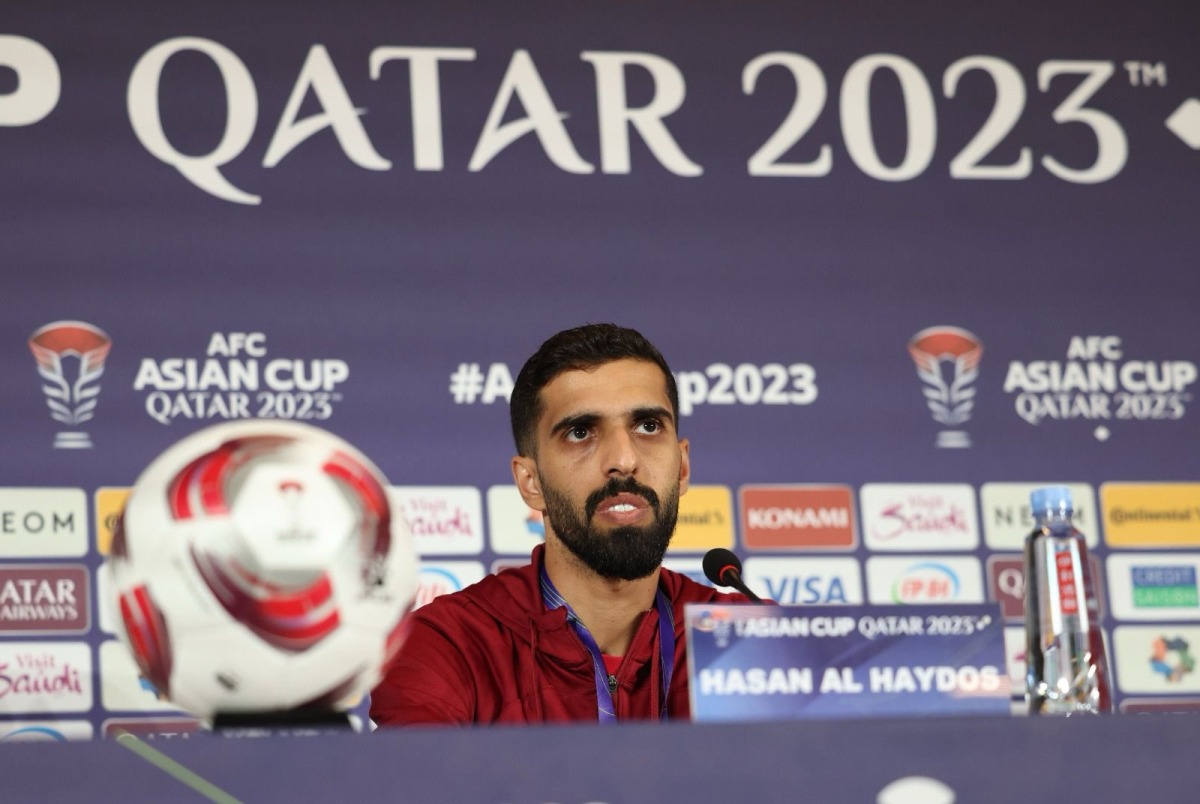 Captain Hassan Al-Haydos addressing the press. Pic: Qatar Football Association