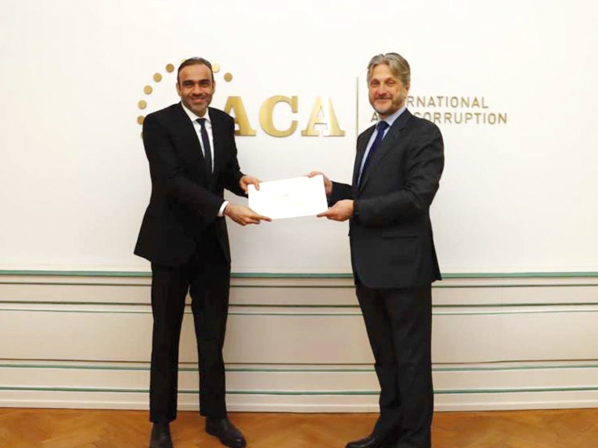 Officer-in-Charge of IACA Jaroslaw Pietrusiewicz (right) with Qatar's Permanent Representative to IACA H E Jassim Yaqoub Al Hammadi during the event. 

