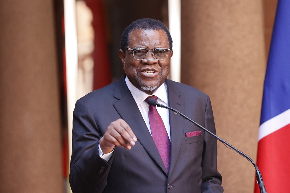 (Files) Namibian President Hage Geingob speaks during a joint press conference in Pretoria on April 20, 2023. (Photo by Phill Magakoe / AFP)