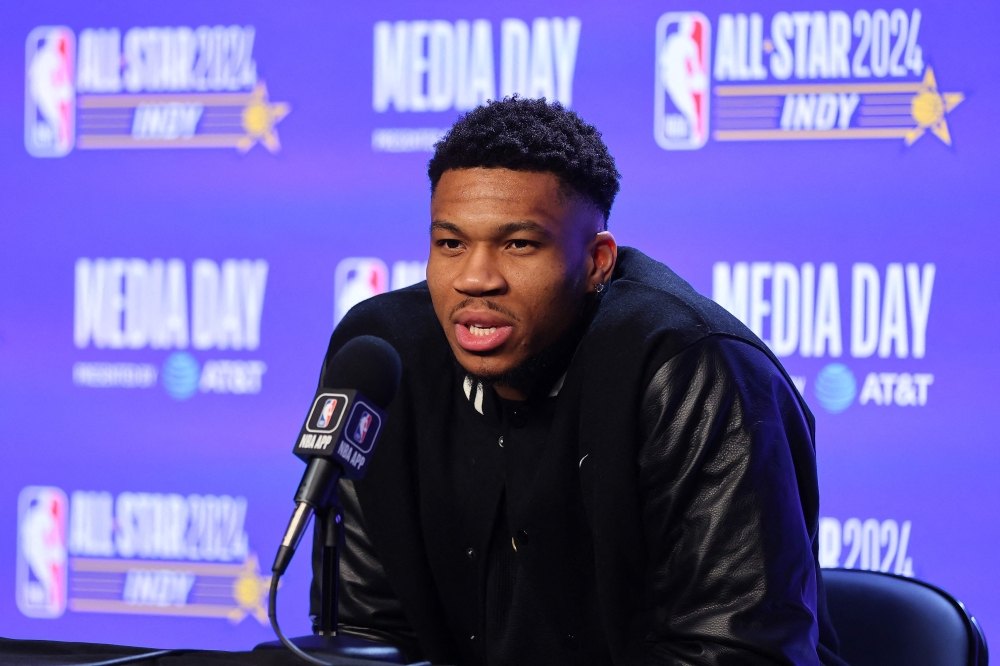Giannis Antetokounmpo #34 of the Milwaukee Bucks speaks with the media at Gainbridge Fieldhouse on February 17, 2024 in Indianapolis, Indiana. (Photo by Stacy Revere / GETTY IMAGES NORTH AMERICA / Getty Images via AFP)