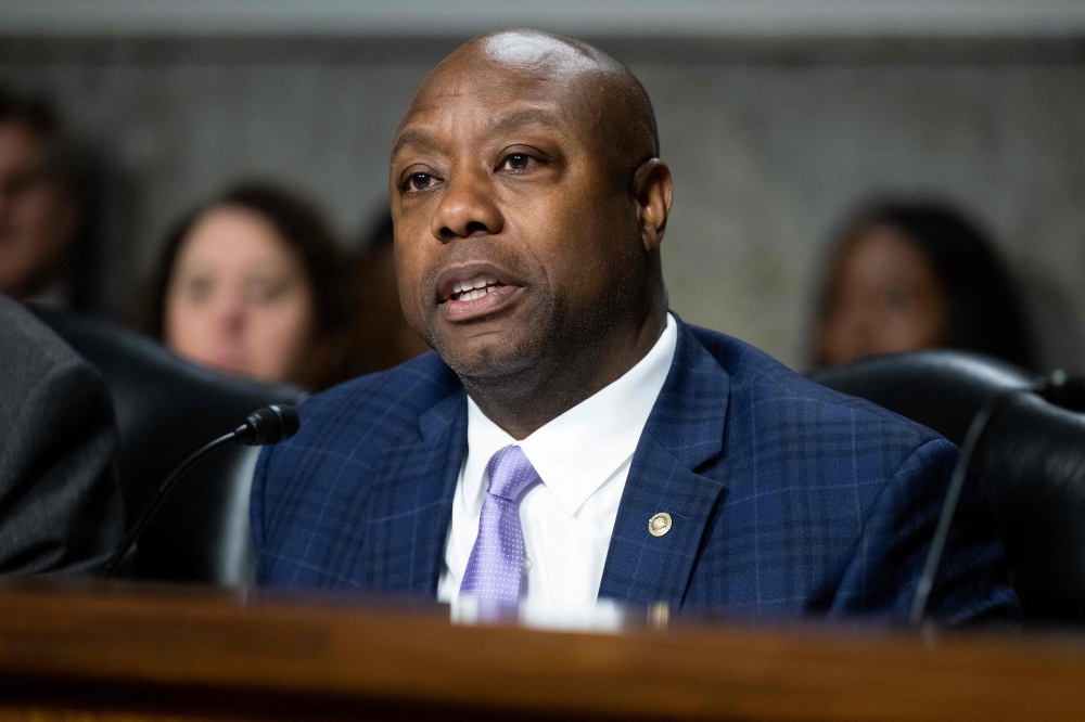 US Senator Tim Scott, Republican of South Carolina, speaks during a US Senate Committee on Banking, House and Urban Affairs hearing about recent bank failures on Capitol Hill in Washington, DC, May 18, 2023. (Photo by Saul Loeb / AFP)

