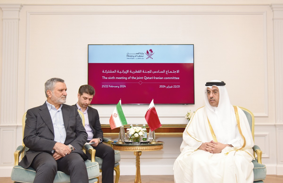 Minister of Labour H E Dr. Ali bin Smaikh Al Marri meeting with  Minister of Cooperatives, Labour, and Social Welfare in the Islamic Republic of Iran H E Solat Mortazavi on the sidelines of the joint Qatari-Iranian committee meeting in Doha, yesterday.