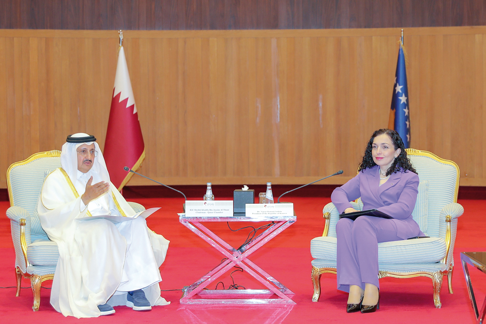 The President of the Republic of Kosovo, Dr. Vjosa Osmani with Chairman of Qatar Chamber Sheikh Khalifa bin Jassim al Thani during the meeting.