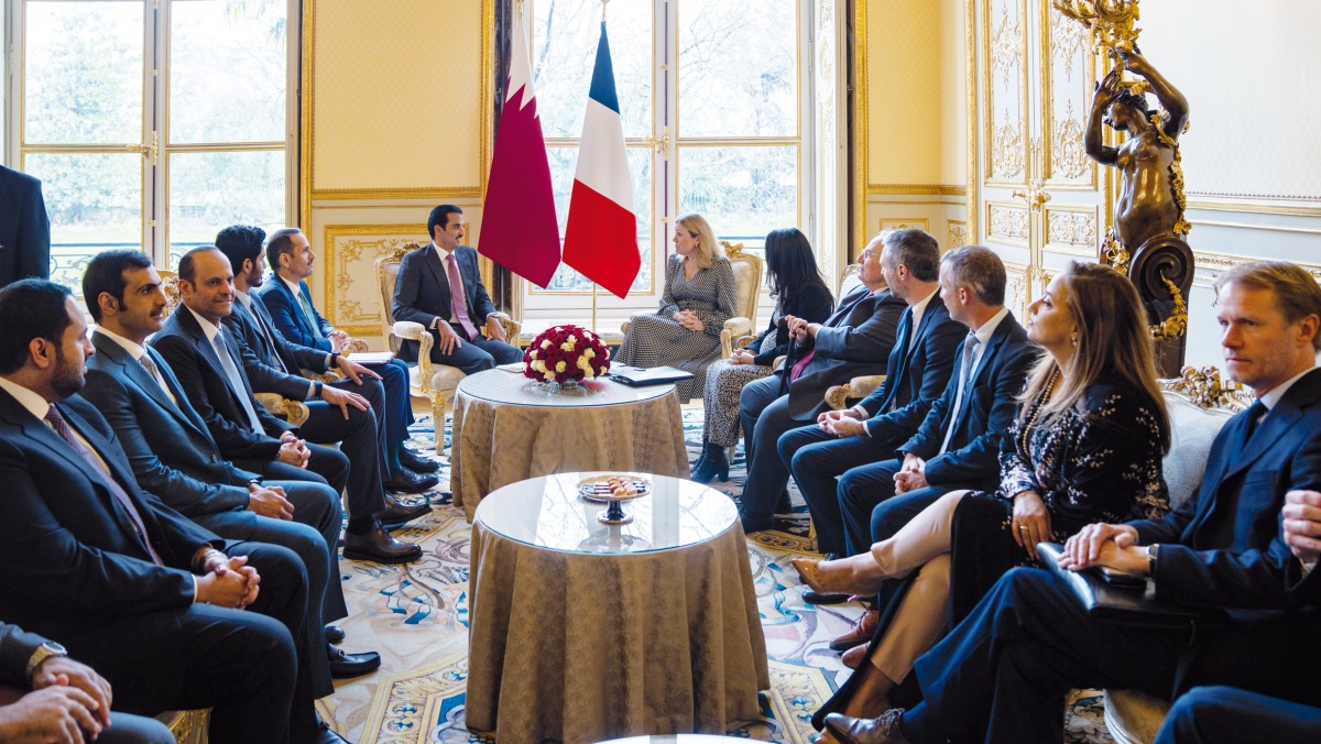 Amir H H Sheikh Tamim bin Hamad Al Thani meeting President of the National Assembly of France H E Yael Braun-Pivet in Paris, yesterday.