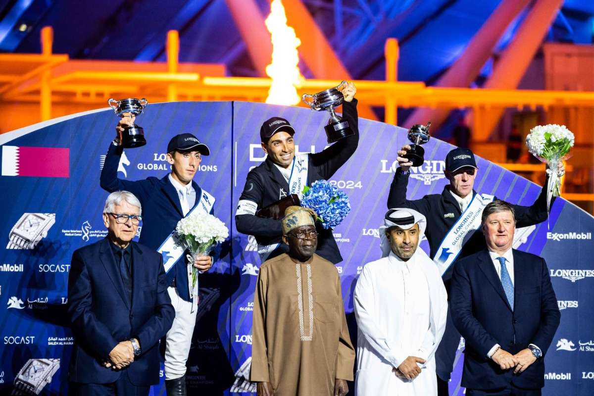 President of the Federal Republic of Nigeria H E Bola Ahmed Tinubu crowned the podium winners of LGCT Grand Prix of Doha at Al Shaqab's Longines Arena. Member of the Board of Directors at Al Shaqab Rashid bin Nasser Sraiya Al Kaabi and Event President Jan Tops are also present.