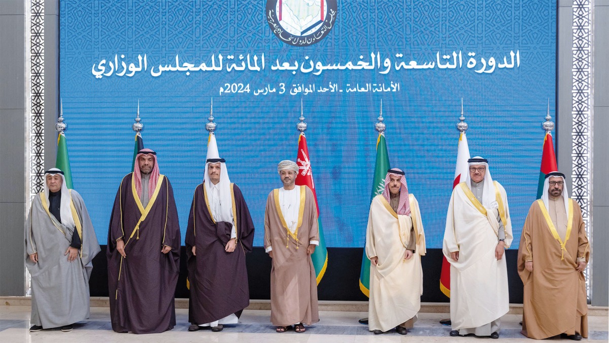 Prime Minister and Minister of Foreign Affairs H E Sheikh Mohammed bin Abdulrahman bin Jassim Al Thani with Their Excellencies Ministers of Foreign Affairs of GCC countries and GCC Secretary General at the 159th regular session of the Ministerial Council of the Gulf Cooperation Council (GCC) in Riyadh, yesterday.