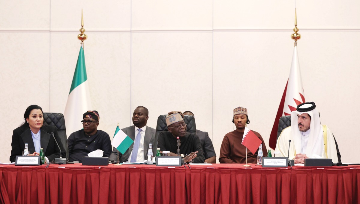 President of Federal Republic of Nigeria, H E Bola Ahmed Tinubu, and Minister of Commerce and Industry H E Sheikh Mohammed bin Hamad bin Qassim Al Thani with other officials during the Qatar-Nigeria Business Forum.