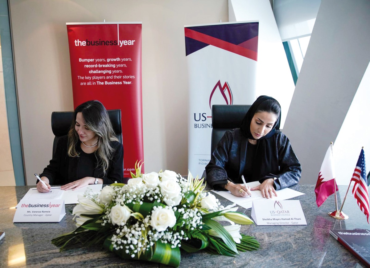 Country Director for The Business Year in Qatar Vanessa Rameix and Managing Director of USQBC’s office in Doha Sheikha Mayes bin Hamad Al Thani during the MoU signing ceremony.