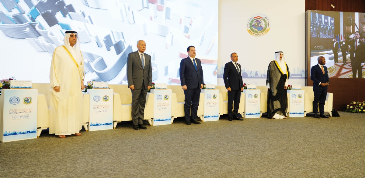 Prime Minister of Iraq H E Mohammed Shi’a Al Sudani (third left) and Minister of Labour H E Dr. Ali bin Smaikh Al Marri (left) with their Excellencies Ministers and Dignitaries at the opening session of the 50th Arab Labour Conference in Baghdad. 