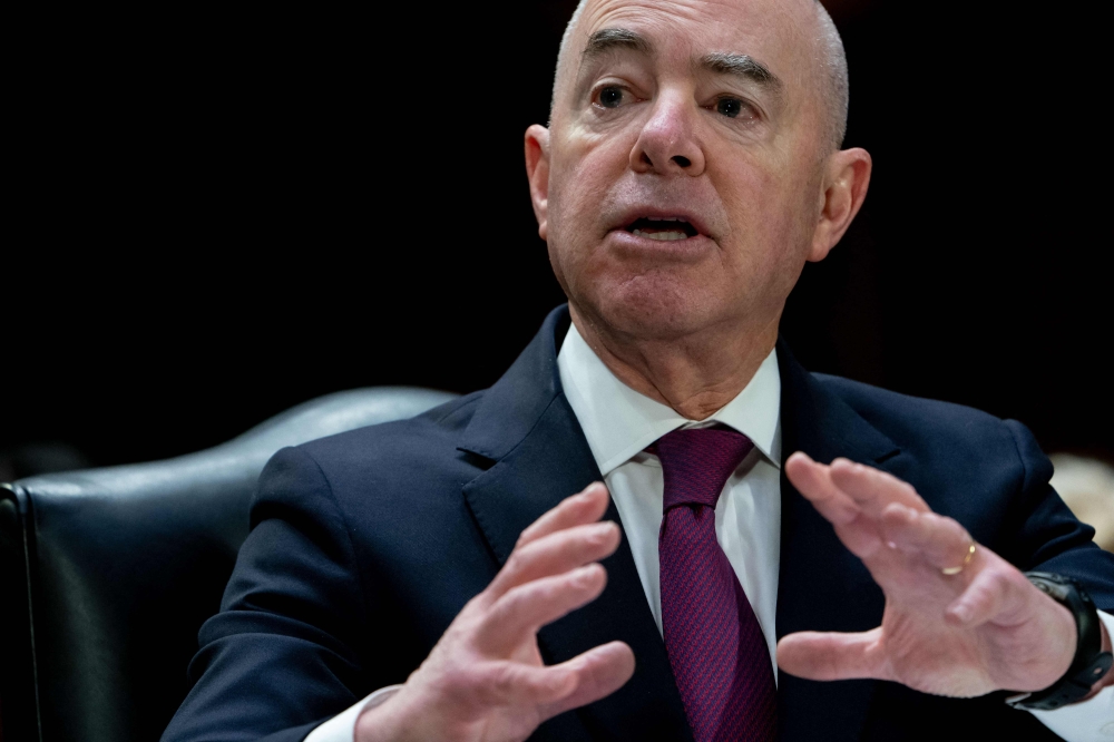 (FILES) US Homeland Security Secretary Alejandro Mayorkas testifies during a US Senate Appropriations Committee hearing on the President's supplemental request for the Departments of Health and Human Services and Homeland Security, on Capitol Hill in Washington, DC, on November 8, 2023. (Photo by Stefani Reynolds / AFP)
