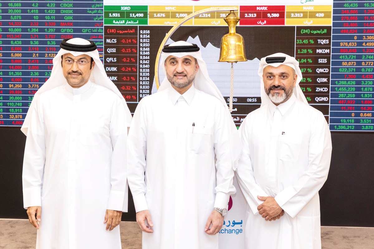 Acting CEO of Qatar Stock Exchange, Abdul Aziz Nasser Al Emadi, CEO and Co-founder of Techno Q, Abdulla Alansari change Venture Market, Managing Director and Co-founder of Techno Q, Zeyad Al Jaidah during the listing ceremony.