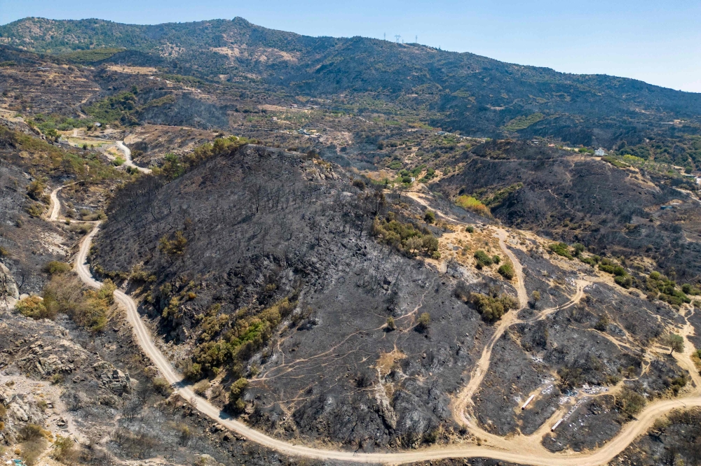 This aerial photograph shows a partially burnt forest area following a wildfire in the Sancakli village, in Turkey's western province of Izmir on August 18, 2024. (Photo by Yasin AKGUL / AFP)
