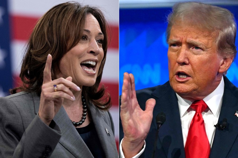 (COMBO) This combination of file pictures created on August 3, 2024 shows US Vice President and 2024 Democratic presidential candidate Kamala Harris speaking on March 26, 2024, in Raleigh, North Carolina; and former US President and Republican presidential candidate Donald Trump speaking in the first presidential debate with US President Joe Biden in Atlanta, Georgia, on June 27, 2024. (Photo by Brendan Smialowski and ANDREW CABALLERO-REYNOLDS / AFP)