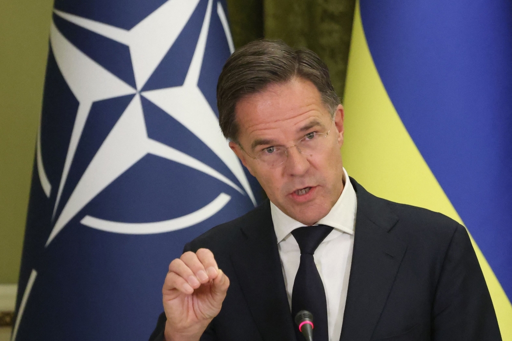 :NATO Secretary General Mark Rutte speaks during a joint press conference following his meeting with Ukrainian president in Kyiv on October 3, 2024. (Photo by Anatolii STEPANOV / AFP)
