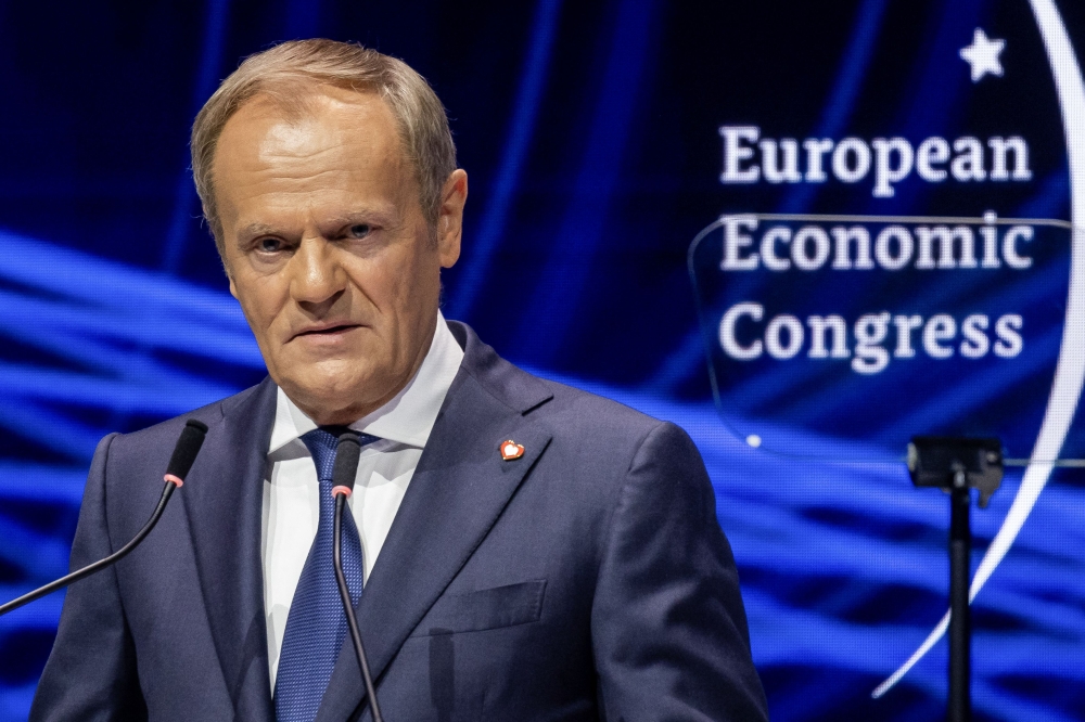 Polish Prime Minister Donald Tusk addresses participants during the opening session of XVI European Economic Congress (EEC) in Katowice, Poland, on May 7, 2024. (Photo by Wojtek Radwanski / AFP)