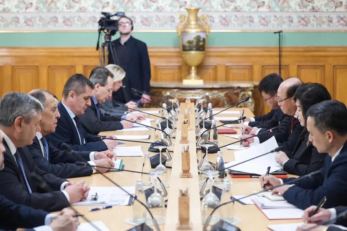 In this handout picture released by the Russian Foreign Ministry on November 1, 2024, Russian Foreign Minister Sergei Lavrov and North Korean Foreign Minister Choe Son Hui hold a meeting in Moscow. Photo by RUSSIAN FOREIGN MINISTRY / AFP.