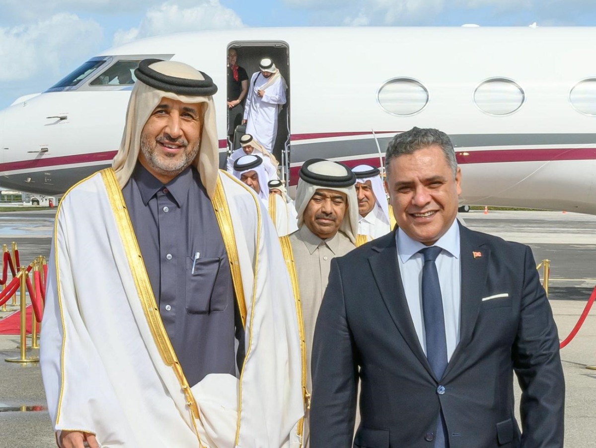 Minister of State for Interior Affairs H E Sheikh Abdulaziz bin Faisal bin Mohammed Al Thani (left) being received by Tunisian Minister of Interior H E Khaled Al Nouri upon arrival in Tunisia yesterday. 