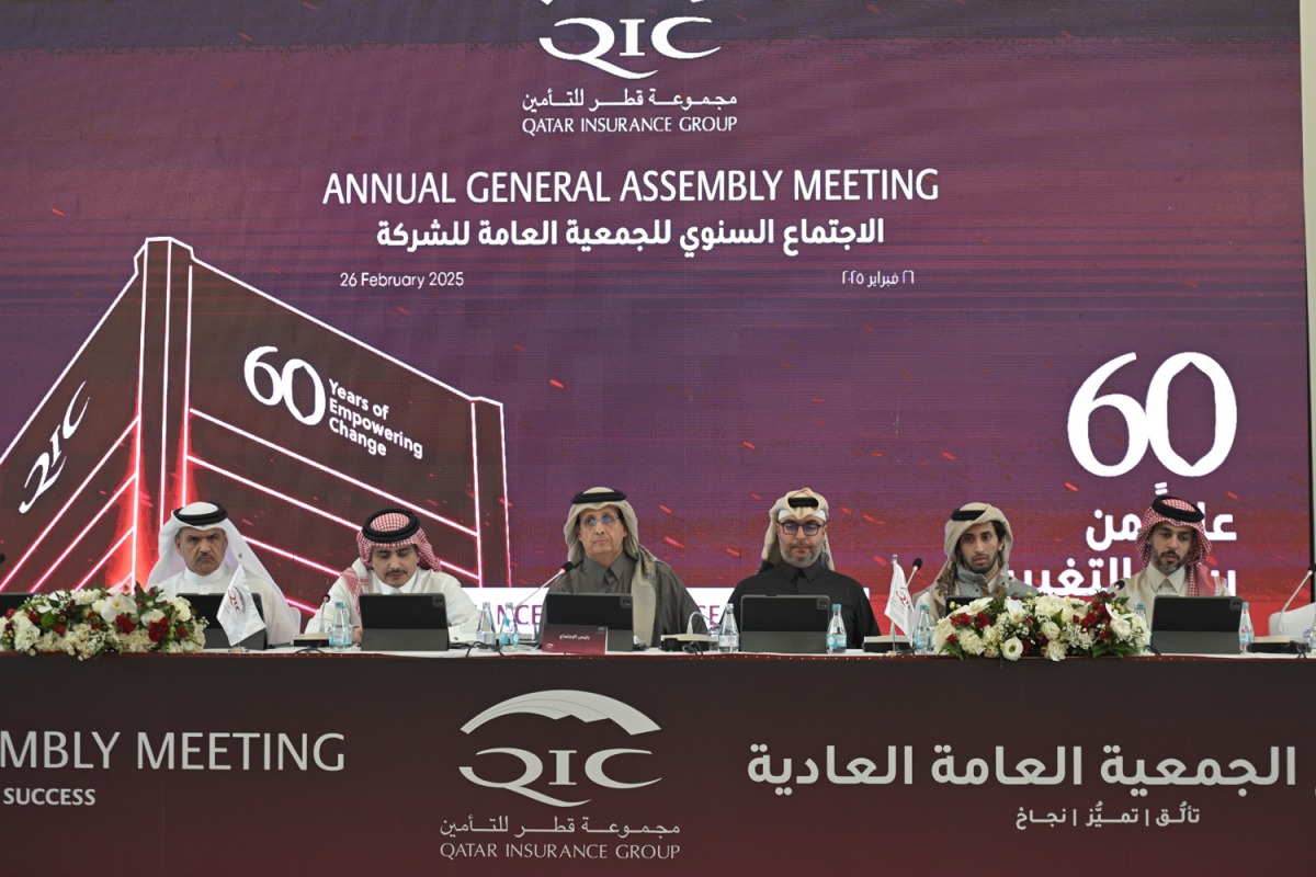QIC Group chairman Sheikh Hamad bin Faisal bin Thani Jasim Al Thani with the board of directors at the Annual General Assembly Meeting.