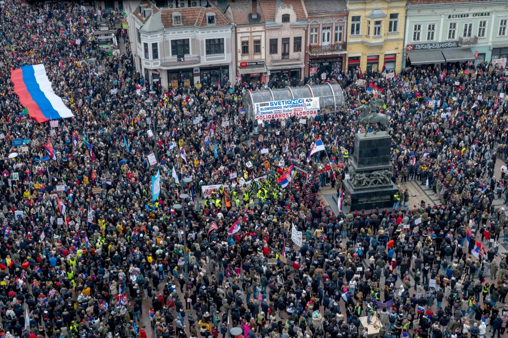 Protestors attend a demonstration in Nis on March 1, 2025, during a national rally organised by students over corruption after collapse of the Novi Sad train station. (Photo by Andrej Isakovic / AFP)