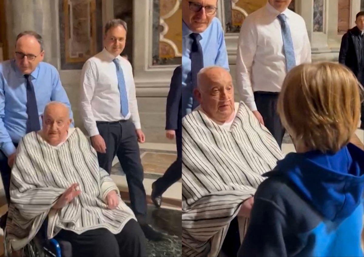 This video grab taken from a footage released by Ansa shows Pope Francis, who is recovering from life-threatening pneumonia, during an unscheduled visit to St Peter's Basilica in The Vatican on April 10, 2025. (Photo by ANSA / AFP) 