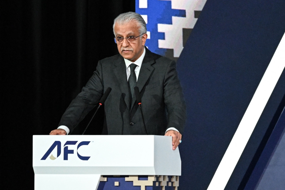 President of the Asian Football Confederation (AFC) Sheikh Salman bin Ibrahim al-Khalifa speaks during the 35th Asian Football Confederation (AFC) Congress in Kuala Lumpur on April 12, 2025. (Photo by Mohd Rasfan / AFP)