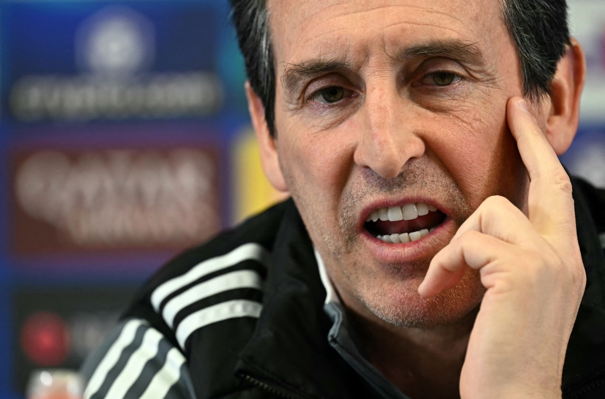 Aston Villa's Spanish head coach Unai Emery attends a press conference at their Bodymoor Heath Training Ground near Birmingham, central England, on April 14, 2025 on the eve of their UEFA Champions League quarter-final, second-leg football match against Paris Saint-Germain. (Photo by Paul ELLIS / AFP)