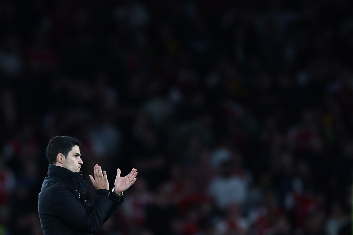 Arsenal's Spanish manager Mikel Arteta applauds at the end of the UEFA Champions League Semi-final First Leg football match between Arsenal and Paris Saint-Germain (PSG) at the Emirates Stadium in north London, on April 29, 2025. Paris Saint-Germain (PSG) wins 1 - 0 against Arsenal. (Photo by FRANCK FIFE / AFP)