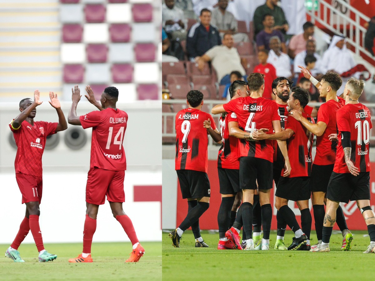 Al Duhail's Michael Olunga (right) and Almoez Ali celebrate a goal against Al Sailiya yesterday. Right: Al Rayyan players celebrate during Round of 16 clash against Lusail. 