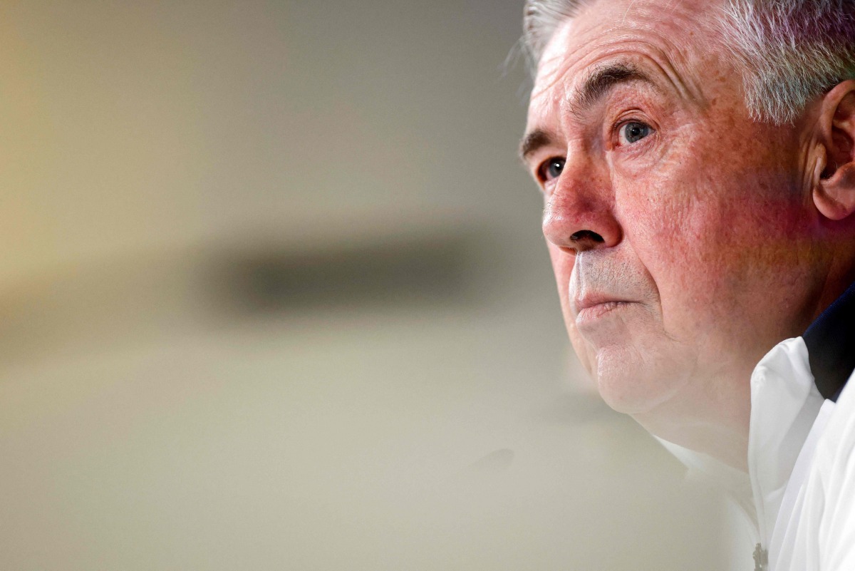 Real Madrid's Italian coach Carlo Ancelotti gives a press conference on the eve of the Spanish league football match between FC Barcelona and Real Madrid CF, at Real Madrid Sports City in Valdebebas, in the outskirts of Madrid, on May 10, 2025. (Photo by OSCAR DEL POZO / AFP)

