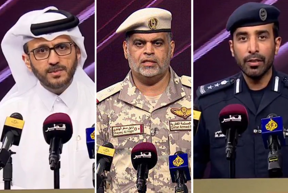 From left: Advisor to the Prime Minister and Official Spokesperson for the Ministry of Foreign Affairs, Dr. Majid bin Mohammed Al-Ansari; Deputy Chief of Staff for Joint Operations H E Major General Shayeq Misfer Al Hajri; and Official Spokesperson for the Ministry of Interior Colonel Dr. Jabr Hamoud Jabr Al Naimi
