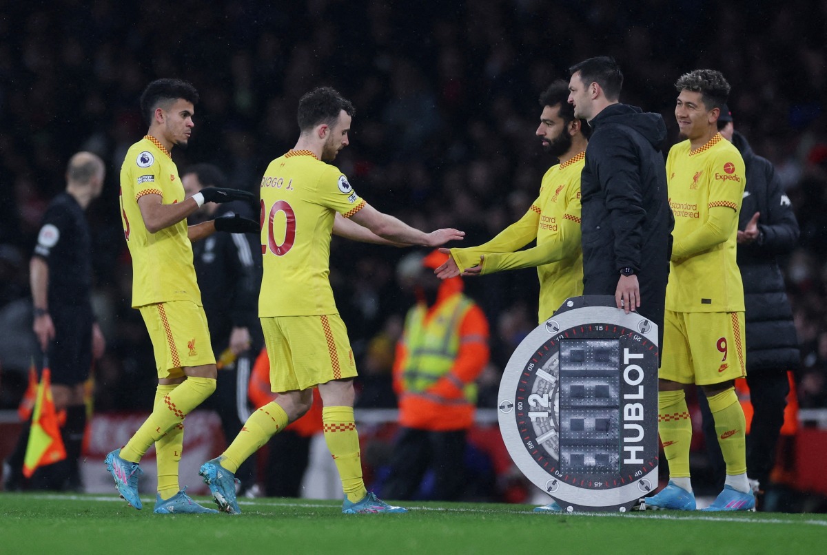 FILE PHOTO: Mohamed Salah comes on as a substitute to replace Diogo Jota. Action Images via Reuters/Paul Childs

