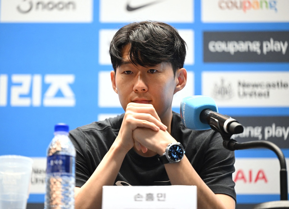 Tottenham Hotspur's Son Heung-min reacts during a pre-match press conference in Seoul on August 2, 2025, ahead of the friendly football match between Newcastle United and Tottenham Hotspur. Photo by Jung Yeon-je / AFP.