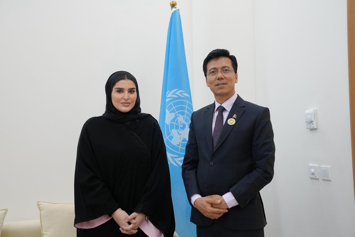 Minister of State for International Cooperation H E Dr. Maryam bint Ali bin Nasser Al Misnad meeting with ECOSOC President H E Lok Bahadur Thapa on the sidelines of the UN Conference on Landlocked Developing Countries in Awaza.
