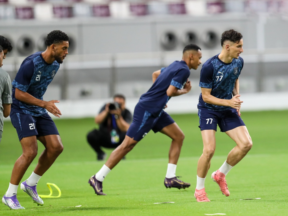 Al Duhail players during a training session at Khalifa International Stadium on the eve of their match against Sepahan.