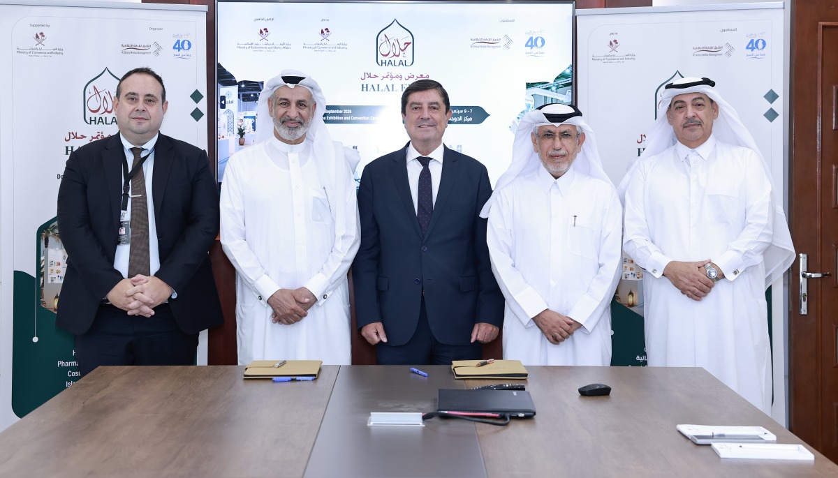 From left: Commercial and Business Development Director at DECC, Alexios Zeliotis; CEO of Dar Al Sharq Group, Abdul Latif Abdullah Al Mahmoud; CEO of DECC, Jose Vicente; Deputy CEO of Dar Al Sharq Group and Editor-in-Chief of Al Sharq newspaper Jaber Al Harmi and Executive Director of Al Sharq Media Management and Director of Halal Expo Eizeldin Abdulrahman during the event. Pics: Rajan Vadakkemuriyil/The Peninsula