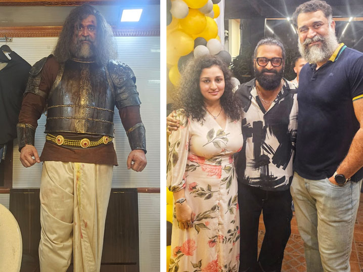 Hariprashanth MG as King Vijayendra in ‘Kantara: A Legend Chapter 1’ (left) and with Rishabh and Pragathi Shetty. Photos were provided by the actor.  