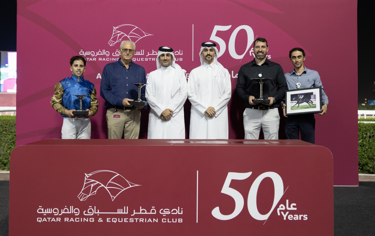 Head of QREC Racing Operations Section Rashid Saed Adiba presented the trophies to connections of Doha Bu Thaila who won the Al Hamla Cup. Pictures: Juhaim/QREC