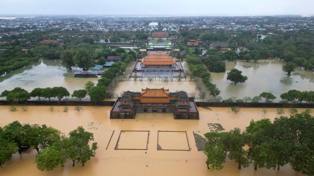 An aerial view shows floodwaters inundating the Imperial City in Hue on October 28, 2025. Photo by AFP