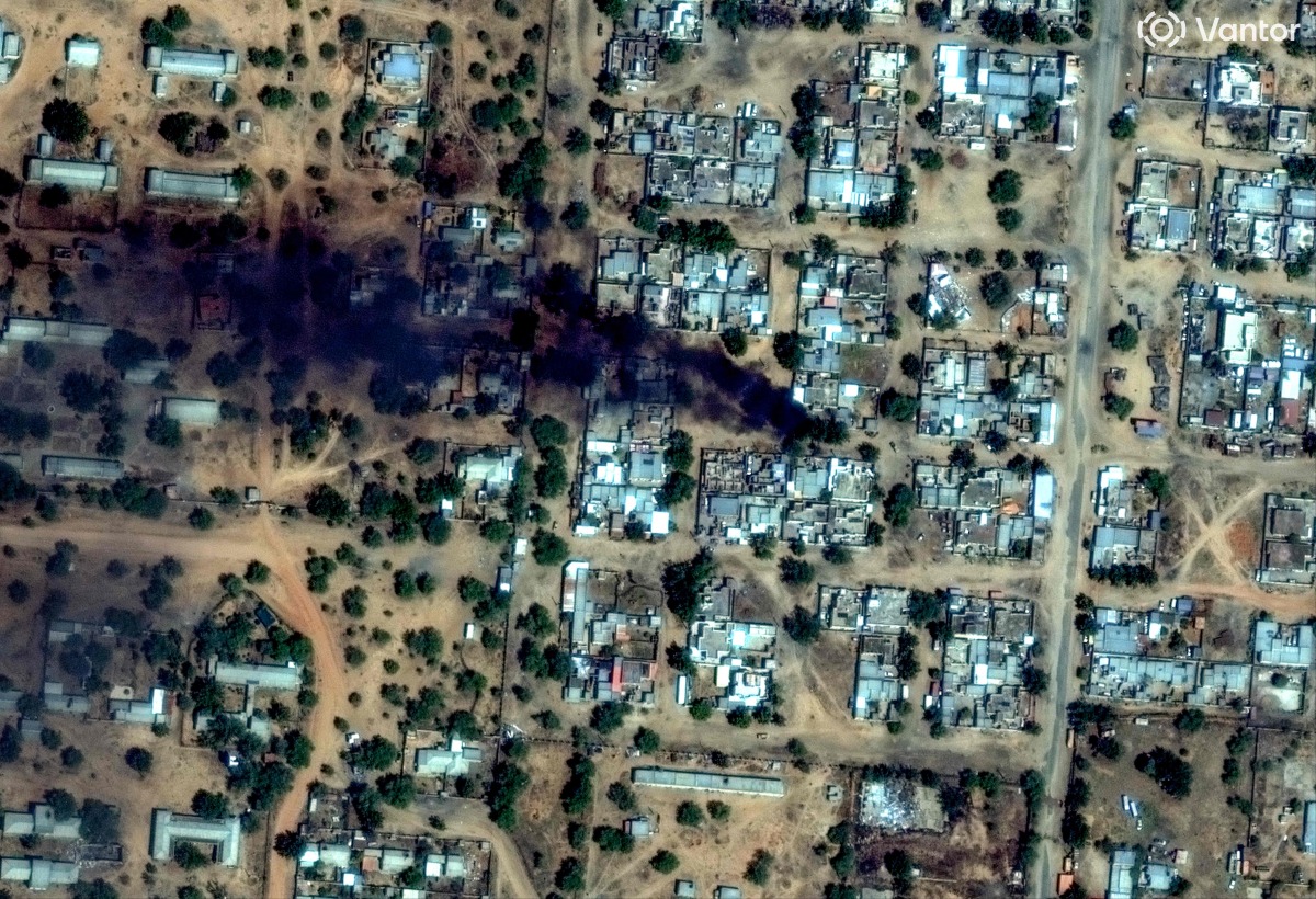 This handout satellite image by Vantor taken on October 26, 2025 and made available on October 31, 2025 shows smoke billowing from fires burning around El-Fasher Airport in El-Fasher. (Photo by Handout / Satellite image ｩ2025 Vantor / AFP)

