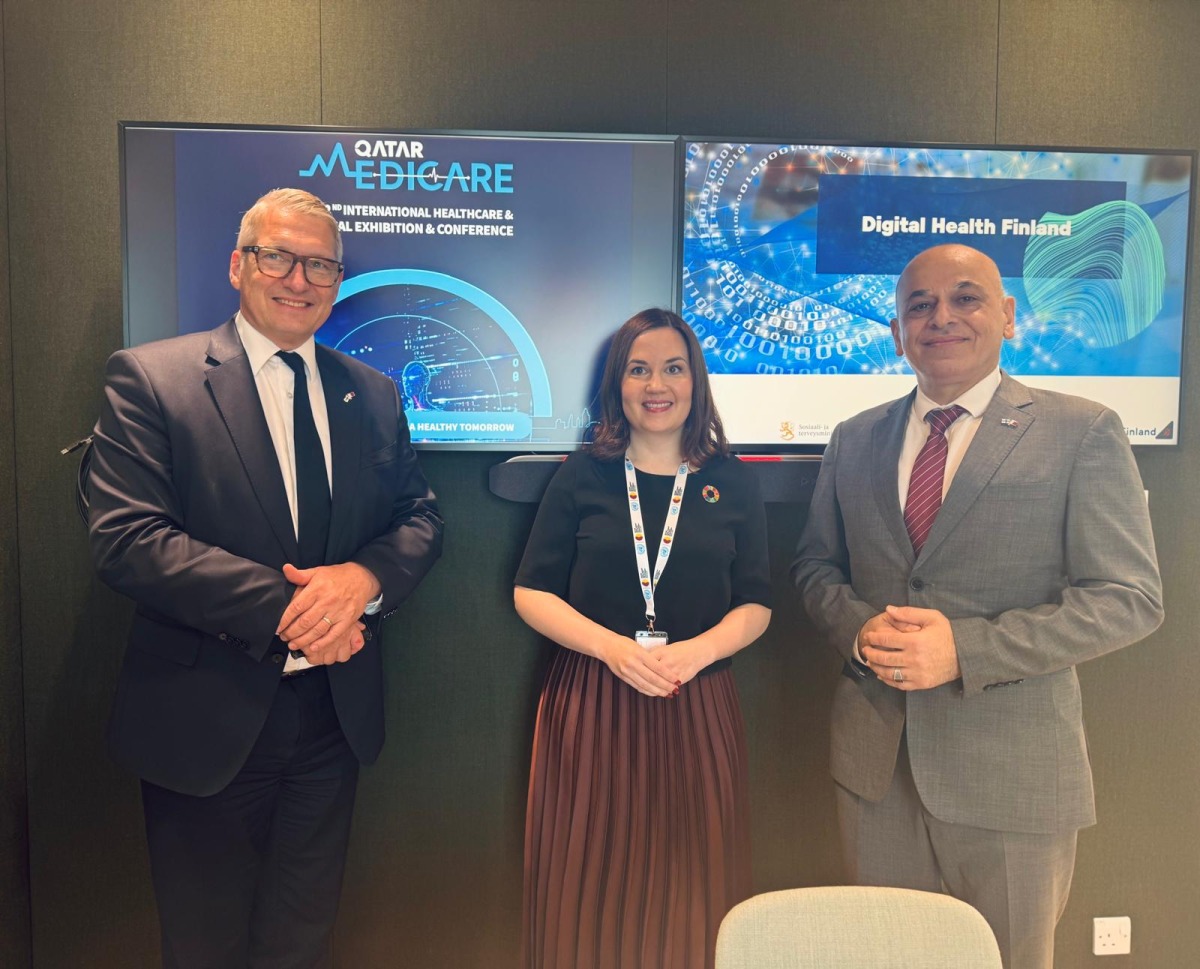 Finland's Minister of Social Affairs and Health H E Sanni Grahn-Laasonen (centre) with Ambassador of Finland to Qatar H E Juha Mustonen (left) and Executive Vice President MENA-(HUR), Bilal Qudaisat, at Qatar Medicare fair.