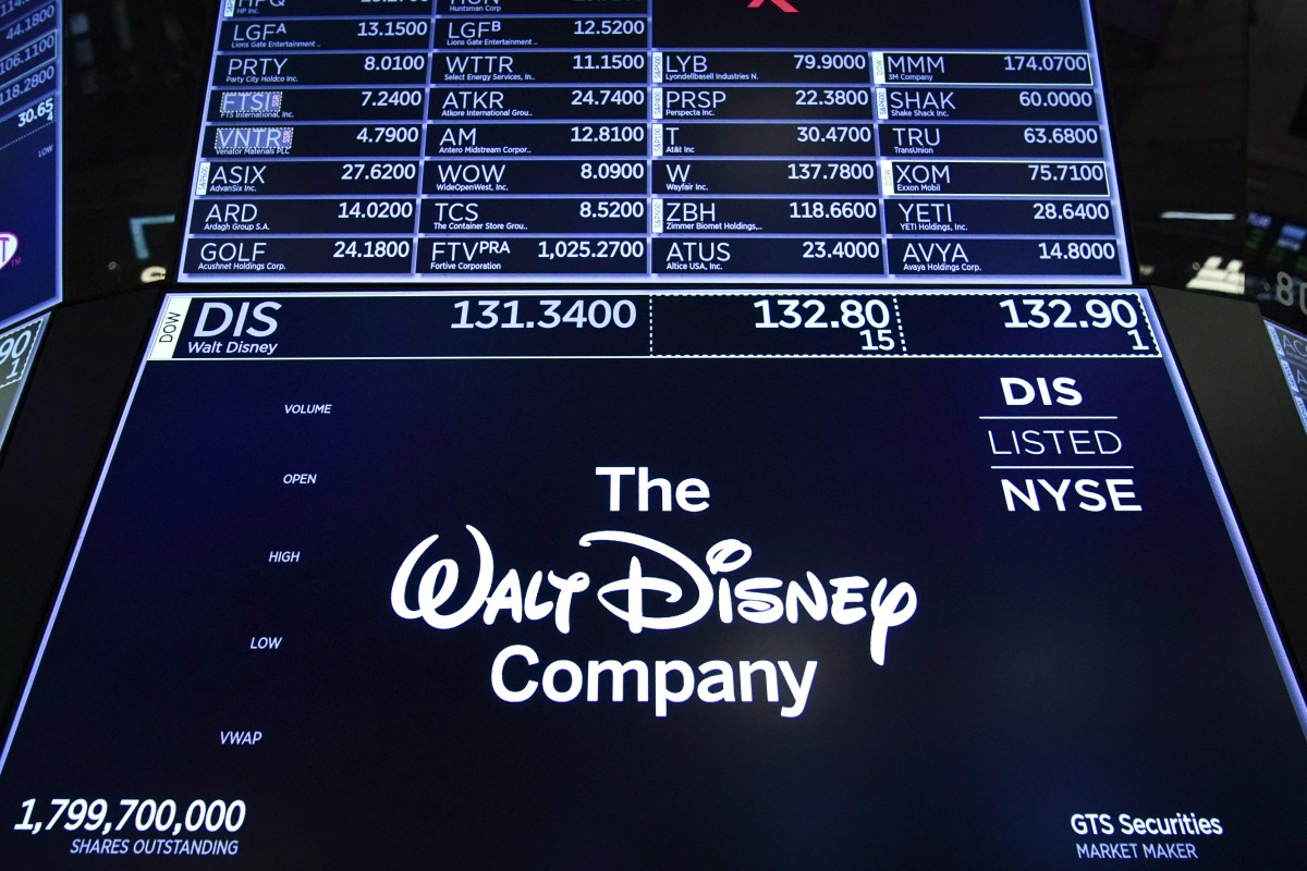 A logo for The Walt Disney Company is displayed on a trading post during the opening bell on the floor of the New York Stock Exchange (NYSE), in New York on May 14, 2019. Photo by Drew ANGERER / GETTY IMAGES NORTH AMERICA / AFP