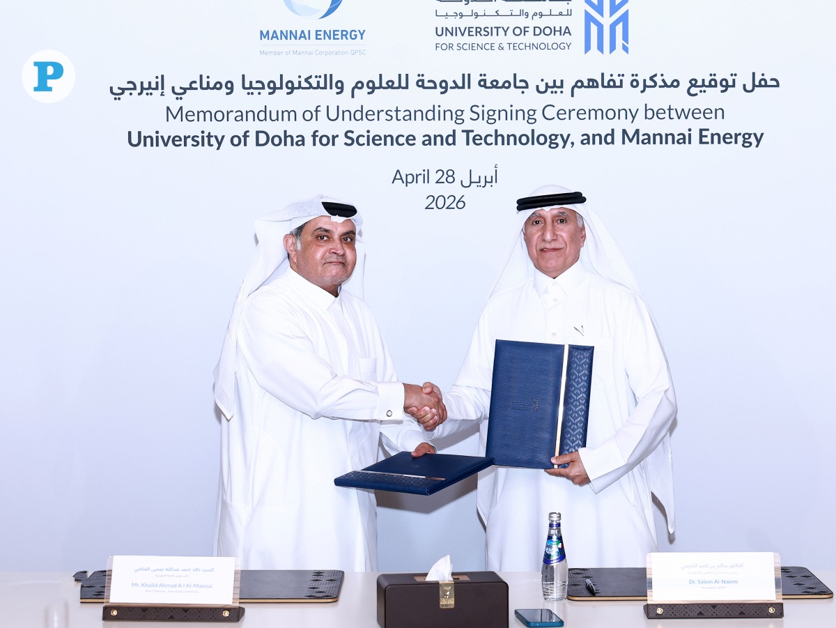 President of UDST, Dr. Salem Al-Naemi (right) and Vice Chairman, Executive Committee at Mannai Energy Khalid Ahmad Al-Mannai during the MoU signing, yesterday. Pic: Rajan Vadakkemuriyil/ The Peninsula